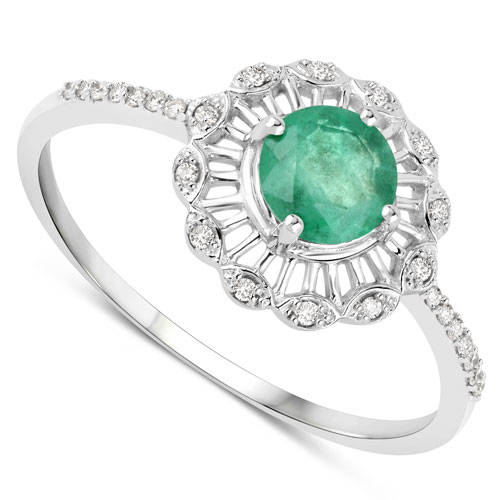 0.49 Carat Genuine Zambian Emerald and White Diamond 14K White Gold Ring