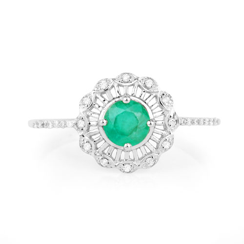 0.49 Carat Genuine Zambian Emerald and White Diamond 14K White Gold Ring