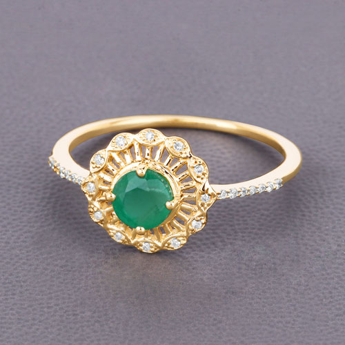 0.49 Carat Genuine Zambian Emerald and White Diamond 14K Yellow Gold Ring