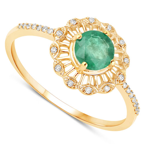 0.49 Carat Genuine Zambian Emerald and White Diamond 14K Yellow Gold Ring