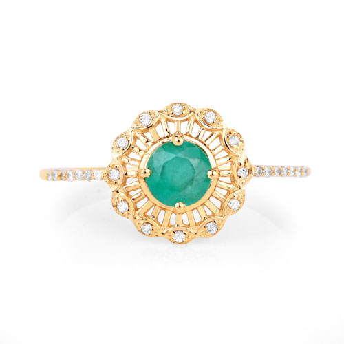 0.49 Carat Genuine Zambian Emerald and White Diamond 14K Yellow Gold Ring