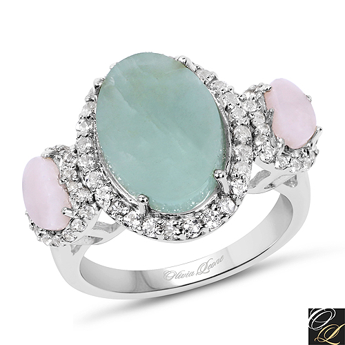 Rings-4.76 Carat Genuine Milky Aquamarine, Pink Opal And White Topaz .925 Sterling Silver Ring