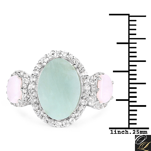 4.76 Carat Genuine Milky Aquamarine, Pink Opal And White Topaz .925 Sterling Silver Ring