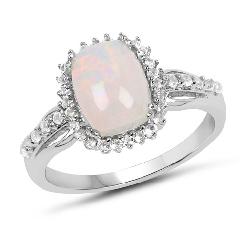 Opal-1.55 Carat Genuine Ethiopian Opal and White Topaz .925 Sterling Silver Ring