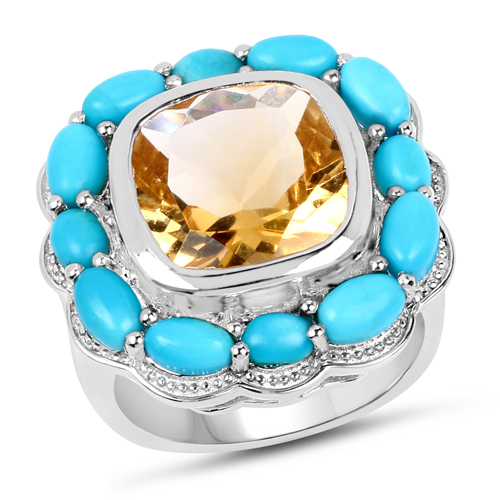 Citrine-9.26 Carat Genuine Citrine and Turquoise .925 Sterling Silver Ring