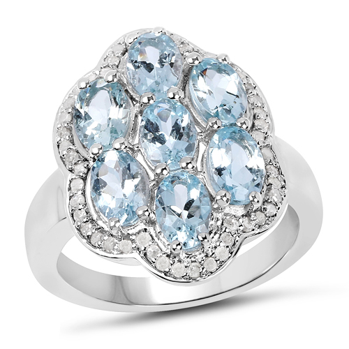 Rings-3.06 Carat Genuine Aquamarine and White Diamond .925 Sterling Silver Ring