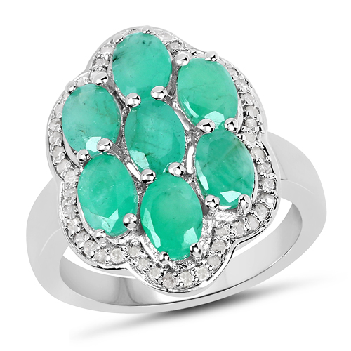 Emerald-3.34 Carat Genuine Emerald and White Diamond .925 Sterling Silver Ring