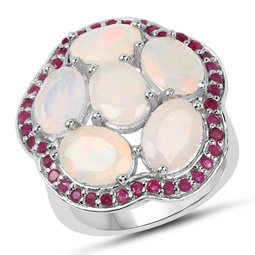 Opal-4.66 Carat Genuine Ethiopian Opal and Ruby .925 Sterling Silver Ring
