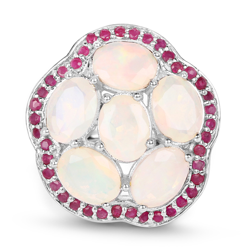4.66 Carat Genuine Ethiopian Opal and Ruby .925 Sterling Silver Ring