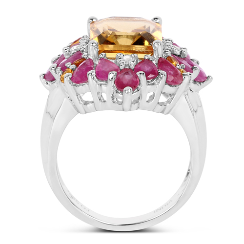 7.20 Carat Genuine Citrine, Ruby and White Diamond .925 Sterling Silver Ring