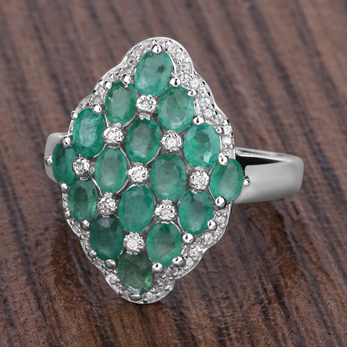 2.68 Carat Genuine Zambian Emerald and White Zircon .925 Sterling Silver Ring