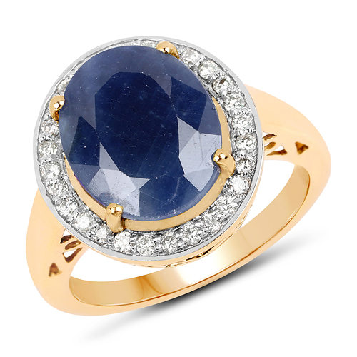 Sapphire-6.78 Carat Genuine Blue Sapphire and White Diamond 14K Yellow Gold Ring