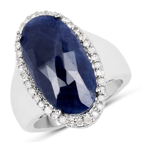 Sapphire-9.83 Carat Genuine Blue Sapphire and White Diamond .925 Sterling Silver Ring