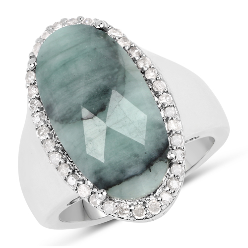 Emerald-8.23 Carat Genuine Emerald and White Diamond .925 Sterling Silver Ring