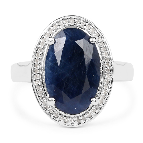 6.39 Carat Genuine Sapphire and White Diamond .925 Sterling Silver Ring