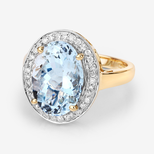 5.21 Carat Genuine Aquamarine and White Diamond 14K Yellow Gold Ring