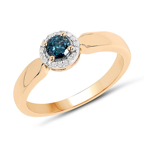 14K Yellow Gold Plated 0.32 Carat Genuine Blue Diamond and White Diamond .925 Sterling Silver Ring