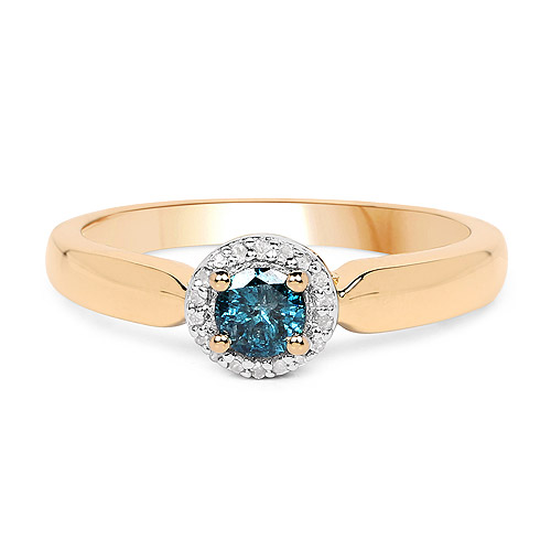14K Yellow Gold Plated 0.32 Carat Genuine Blue Diamond and White Diamond .925 Sterling Silver Ring