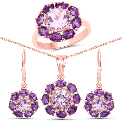 Amethyst-18K Rose Gold Plated 11.31 Carat Genuine Pink Amethyst and White Topaz .925 Sterling Silver 3 Piece Jewelry Set (Ring, Earrings, and Pendant w/ Chain)
