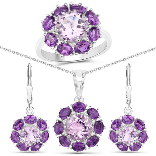 Amethyst-11.31 Carat Genuine Pink Amethyst and White Topaz .925 Sterling Silver 3 Piece Jewelry Set (Ring, Earrings, and Pendant w/ Chain)