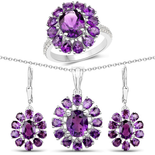 Amethyst-11.60 Carat Genuine Amethyst and White Topaz .925 Sterling Silver 3 Piece Jewelry Set (Ring, Earrings, and Pendant w/ Chain)