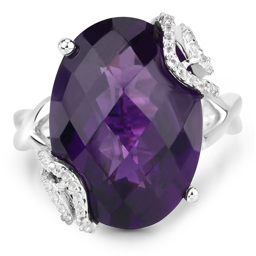 10.44 Carat Genuine Amethyst and White Topaz .925 Sterling Silver Ring