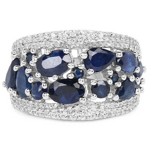 3.61 Carat Genuine Blue Sapphire and White Zircon .925 Sterling Silver Ring