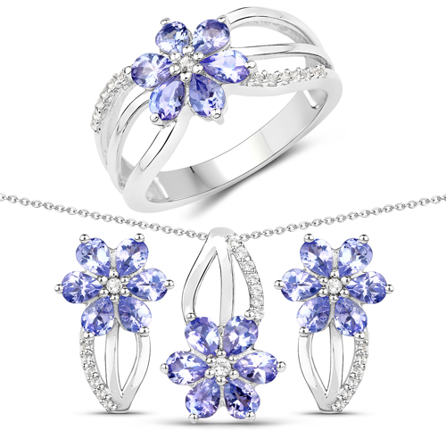 Tanzanite-3.62 Carat Genuine Tanzanite and White Topaz .925 Sterling Silver 3 Piece Jewelry Set (Ring, Earrings, and Pendant w/ Chain)