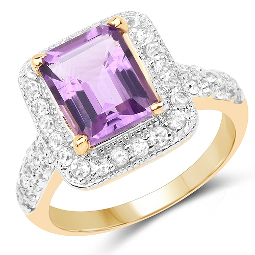 Amethyst-14K Yellow Gold Plated 4.39 Carat Genuine Amethyst and White Topaz .925 Sterling Silver Ring