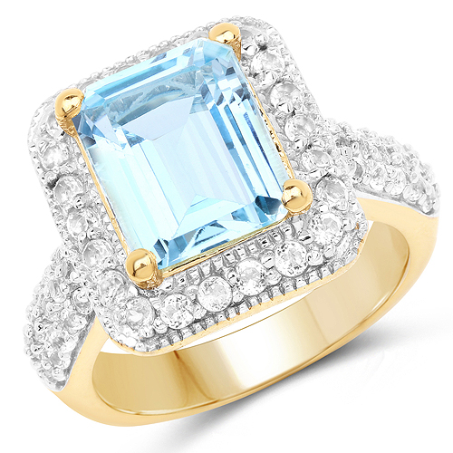 Rings-14K Yellow Gold Plated 5.03 Carat Genuine Blue Topaz and White Topaz .925 Sterling Silver Ring