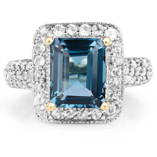 14K Yellow Gold Plated 5.03 Carat Genuine London Blue Topaz and White Topaz .925 Sterling Silver Ring