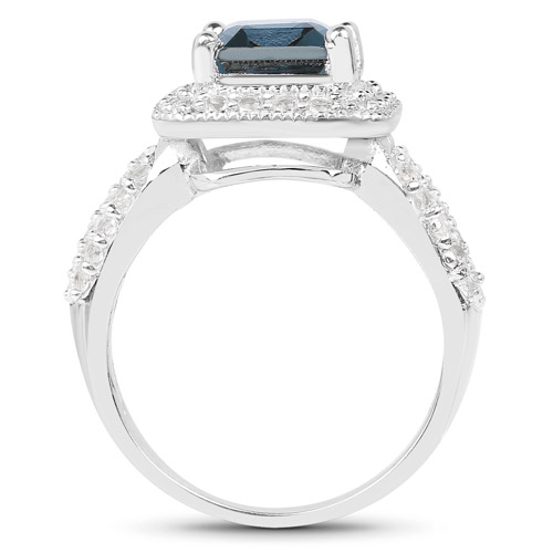 5.14 Carat Genuine London Blue Topaz and White Topaz .925 Sterling Silver Ring