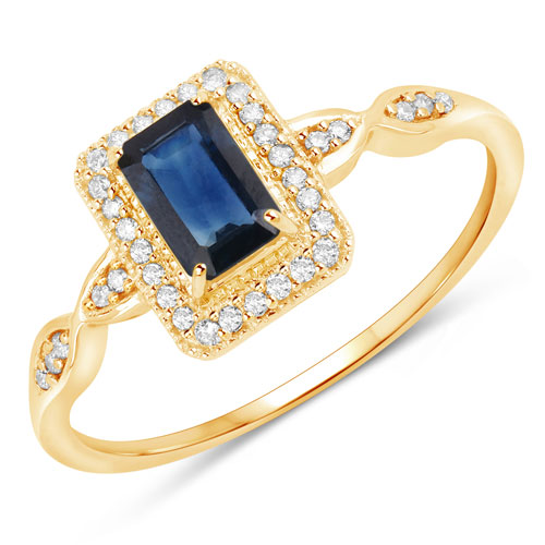 Sapphire-0.68 Carat Genuine Blue Sapphire and White Diamond 14K Yellow Gold Ring