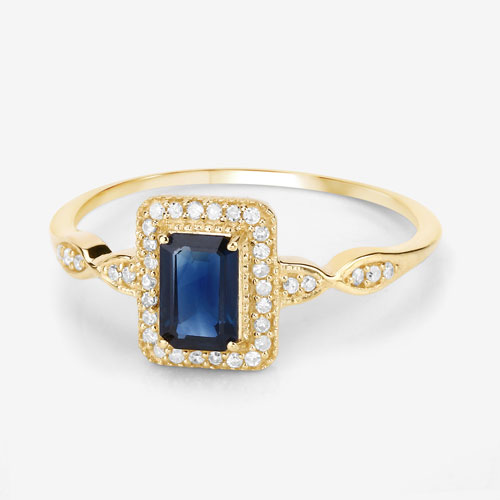 0.68 Carat Genuine Blue Sapphire and White Diamond 14K Yellow Gold Ring