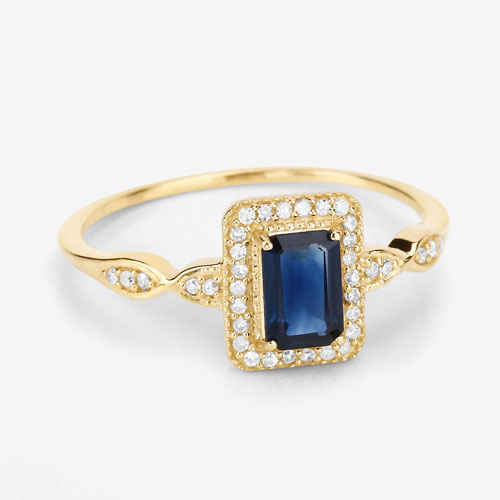 0.68 Carat Genuine Blue Sapphire and White Diamond 14K Yellow Gold Ring