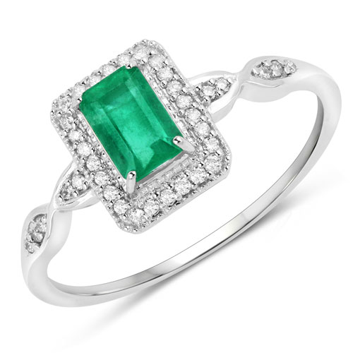 Emerald-0.65 Carat Genuine Zambian Emerald and White Diamond 14K White Gold Ring
