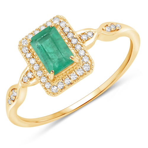 Emerald-0.65 Carat Genuine Zambian Emerald and White Diamond 14K Yellow Gold Ring