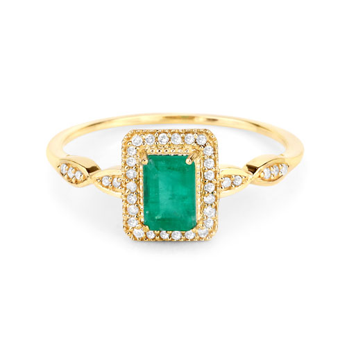 0.65 Carat Genuine Zambian Emerald and White Diamond 14K Yellow Gold Ring
