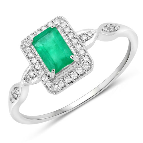 Emerald-0.65 Carat Genuine Zambian Emerald and White Diamond 14K White Gold Ring