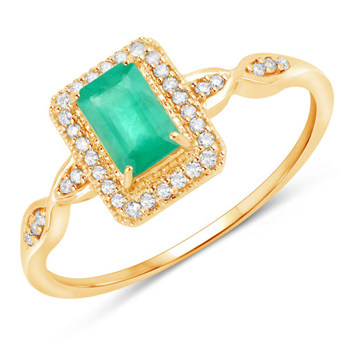 Emerald-0.65 Carat Genuine Zambian Emerald and White Diamond 14K Yellow Gold Ring