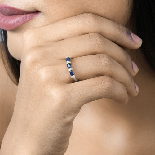 0.67 Carat Genuine Blue Sapphire and White Diamond 14K White Gold Ring