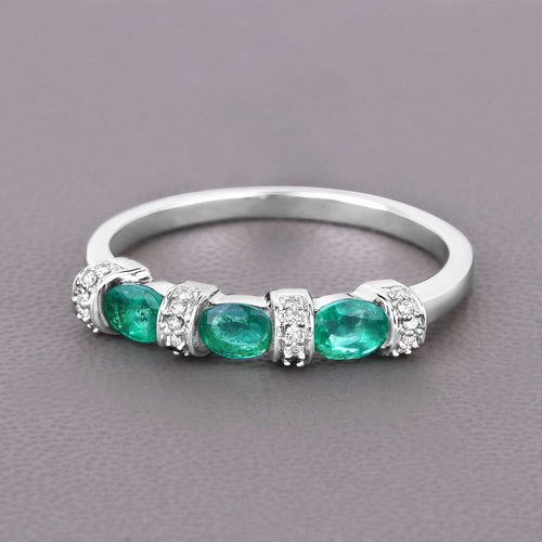0.52 Carat Genuine Zambian Emerald and White Diamond 14K White Gold Ring