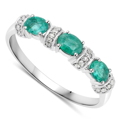 0.52 Carat Genuine Zambian Emerald and White Diamond 14K White Gold Ring