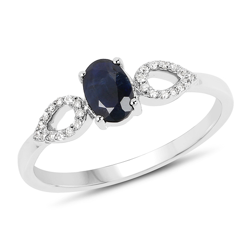 Sapphire-0.58 Carat Genuine Blue Sapphire and White Diamond 14K White Gold Ring