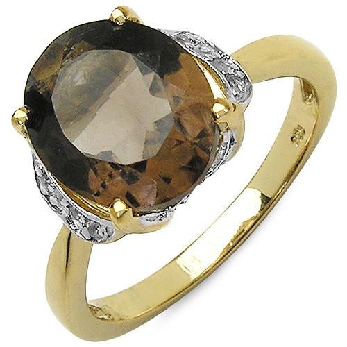 Rings-14K Yellow Gold Plated 4.74 Carat Genuine Smoky Quartz & White Topaz .925 Sterling Silver Ring