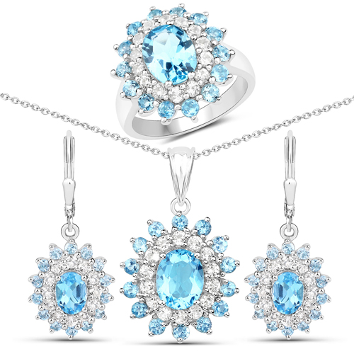 Jewelry Sets-11.68 Carat Genuine Swiss Blue Topaz and White Topaz .925 Sterling Silver 3 Piece Jewelry Set (Ring, Earrings, and Pendant w/ Chain)