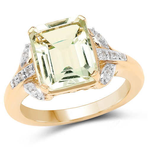 14K Yellow Gold Plated 4.15 Carat Genuine Green Amethyst & White Topaz .925 Sterling Silver Ring