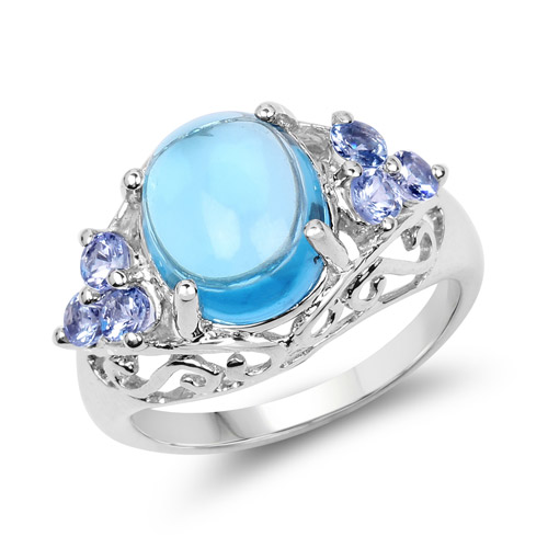 Rings-4.89 Carat Genuine Swiss Blue Topaz and Tanzanite .925 Sterling Silver Ring