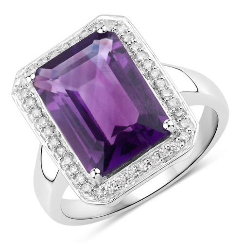 Amethyst-5.33 Carat Genuine Amethyst and White Diamond .925 Sterling Silver Ring