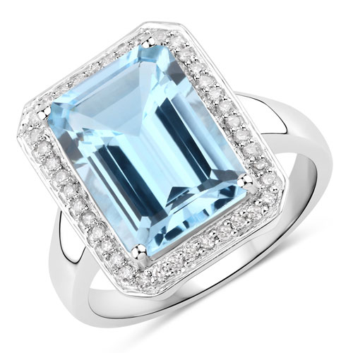 Rings-5.81 Carat Genuine Blue Topaz and White Diamond .925 Sterling Silver Ring